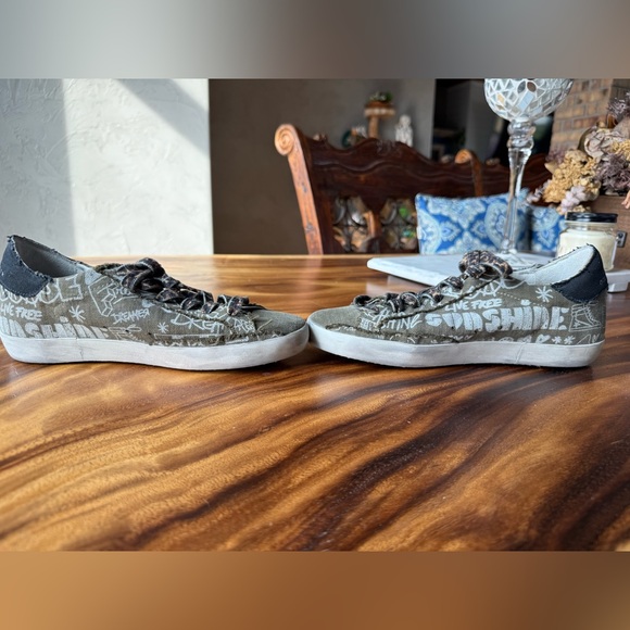 Golden Goose SuperStar Olive and White Graffiti Sneakers with Silver Star